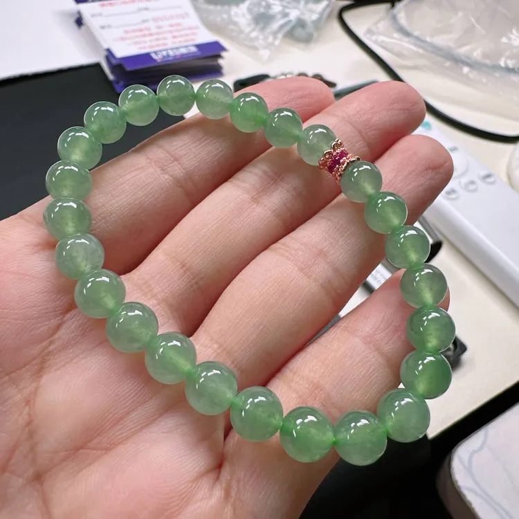 缅甸天然A货翡翠手串7mm冰种水润晴底葡萄肉圆珠女款时尚手串