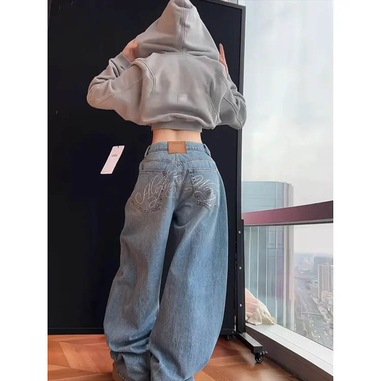 美式复古烫钻牛仔裤女秋冬2025新款宽松直筒显瘦阔腿拖地梧桐裤子