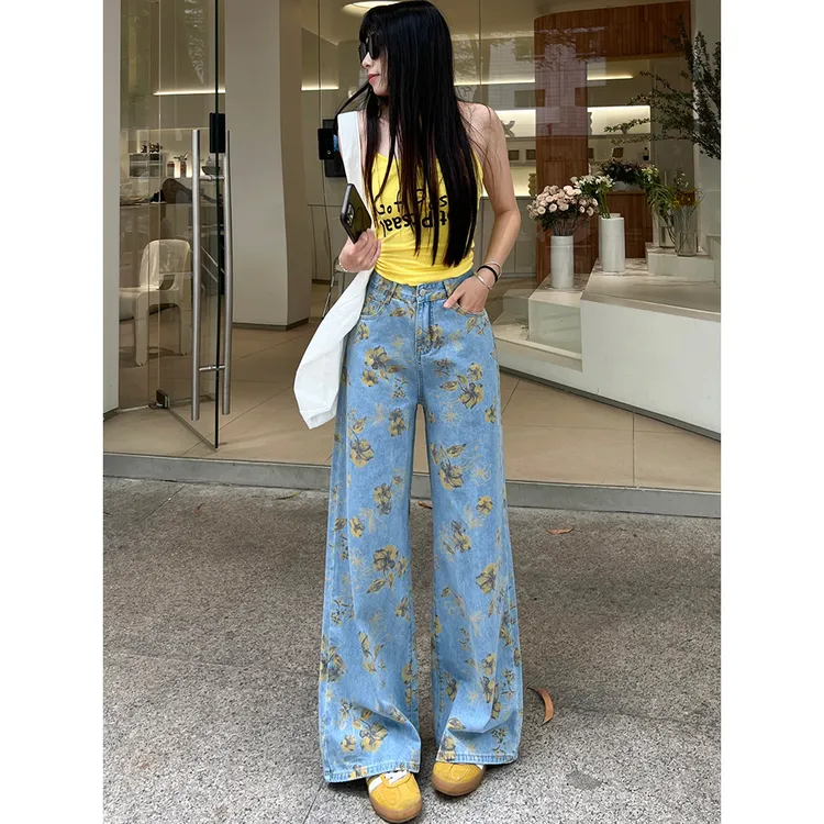 百搭春日浪漫黄碎花阔腿牛仔裤女春夏秋季新款高腰慵懒宽松堆堆裤