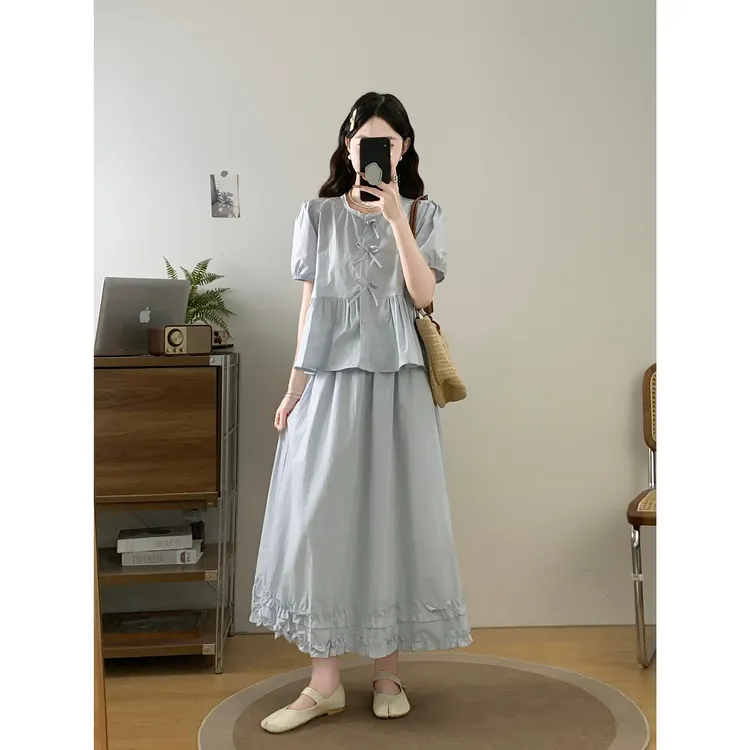 MO88ZSPF大码韩系甜美蝴蝶结短袖宽松衬衫+半身裙时尚套装