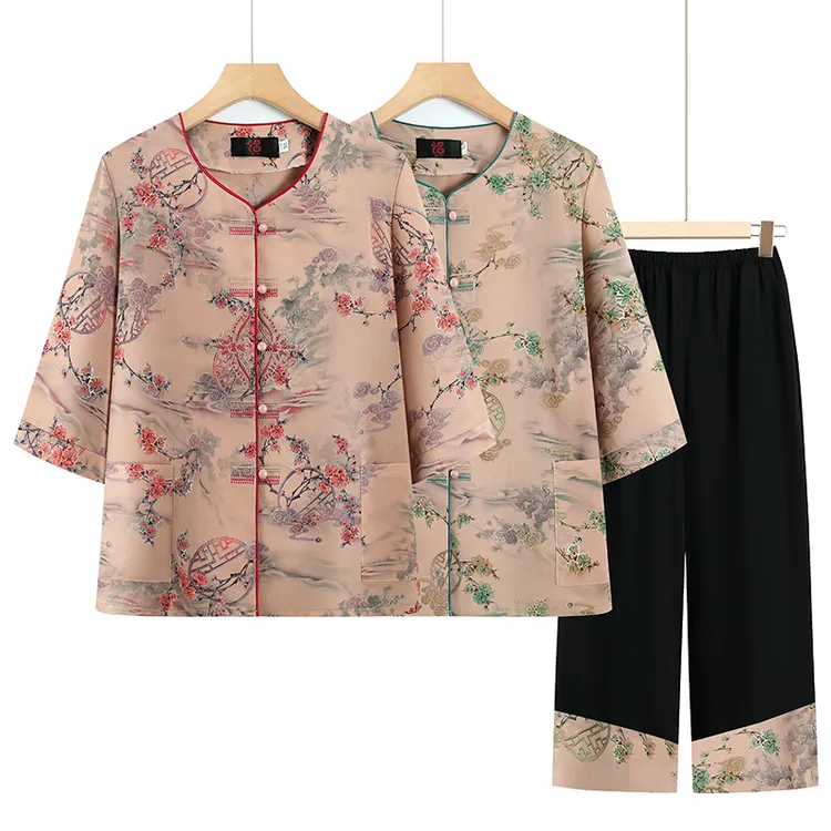 奶奶夏装七分袖衬衫套装中老年人女唐装新中式妈妈装老太太衣服