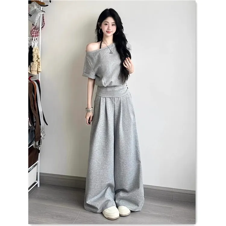 韩系ins百搭休闲运动套装女夏慵懒时尚斜肩短袖t恤阔腿长裤两件套