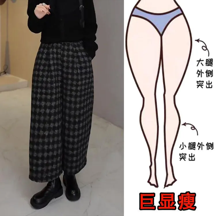 冬季新款韩版宽松显瘦格子休闲裤加厚舒适松紧腰九分气球灯笼裤