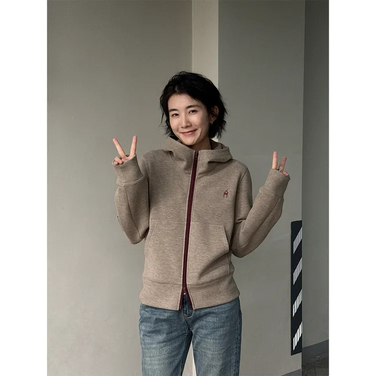 LANGQING 百搭刺绣撞色拉链连帽开衫外套46642#