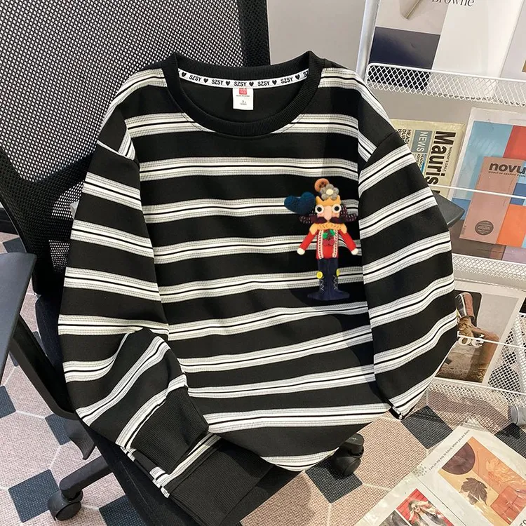 实拍螺纹提花复牛奶丝特大码300斤条纹卫衣男士宽松情侣印花圆领