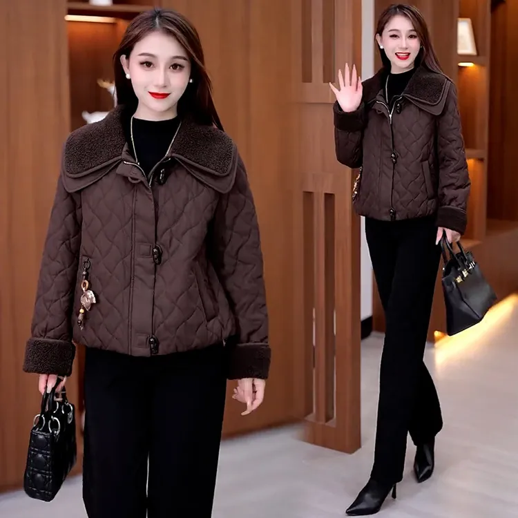 【锦绣江南】小香风短款棉服女秋冬新款宽松双层领拼接夹克棉衣外套