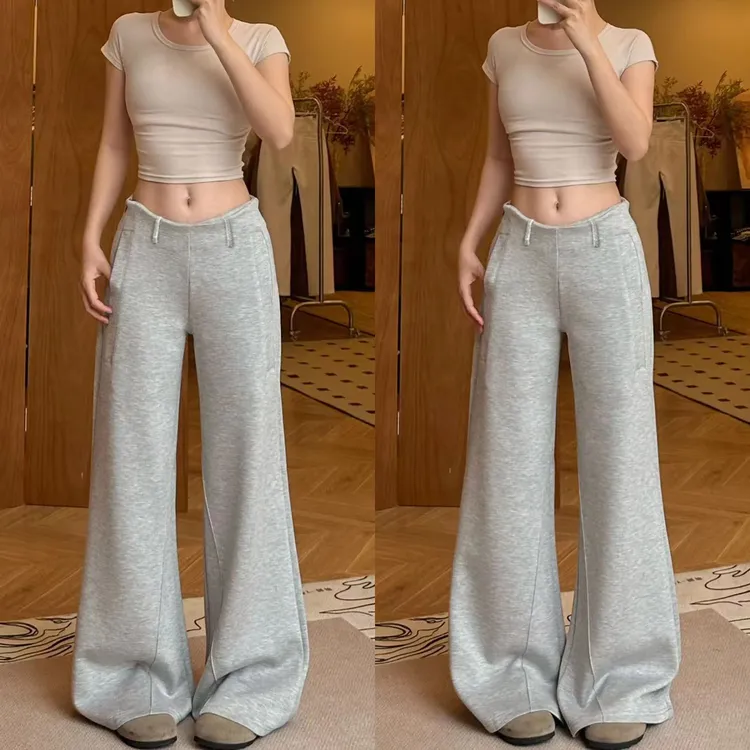 灰色微喇运动裤女秋季2025新款高腰垂感阔腿宽松显瘦休闲喇叭卫裤