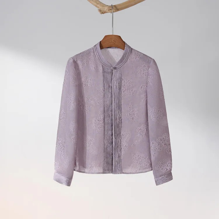 西子/【紫雾牡丹】19姆米桑蚕丝冠乐皱重工圆领衬衣/CSBH2147