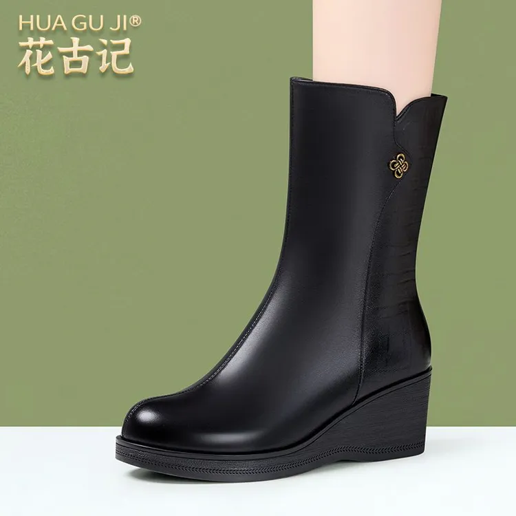 真皮短靴女厚底时尚百搭坡跟马丁靴2024新款加绒高跟长筒靴