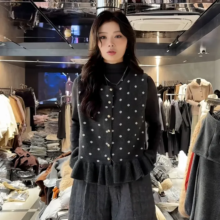 大码女装加绒打底衫毛衣马甲两件装冬季胖mm显瘦荷叶边针织套装