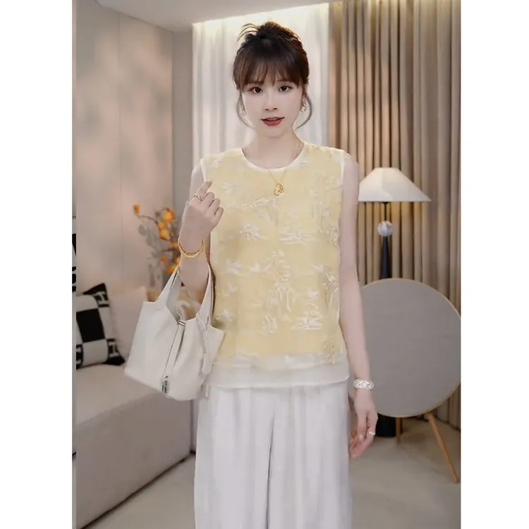  夏季新款洋气气质千金清冷感韩系ins纯欲慵懒百搭小众上衣休闲裤