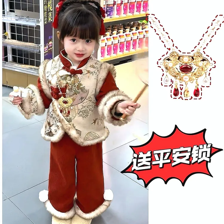 女童加绒冬季汉服套装拜年服女宝宝加厚唐装新年装中式保暖国风潮