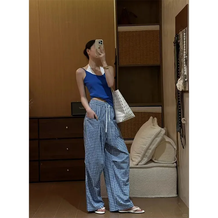 美式辣妹纯欲设计感小众洋气假两件吊带背心上衣高腰格子阔腿裤女