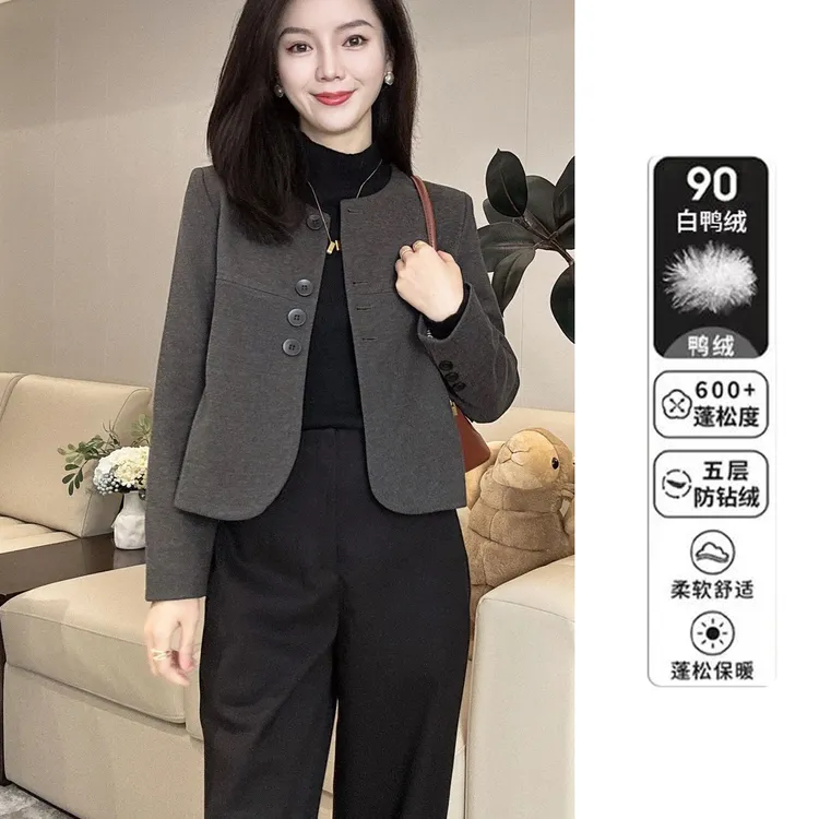 时尚圆领羽绒毛呢西装外套秋冬女加厚2025小个子气质短款呢子外套