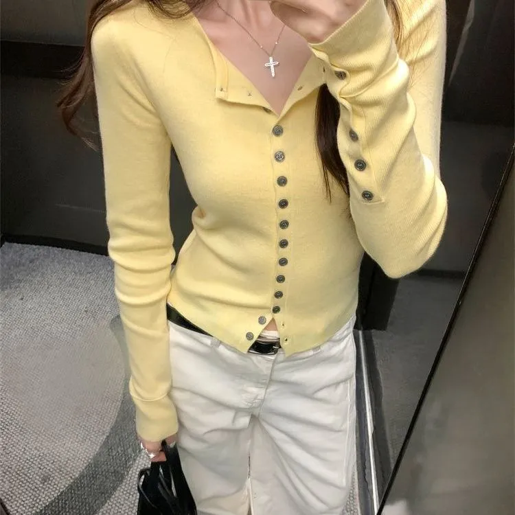 简约时尚黄色修身针织开衫女秋季新款显瘦空调外套上衣