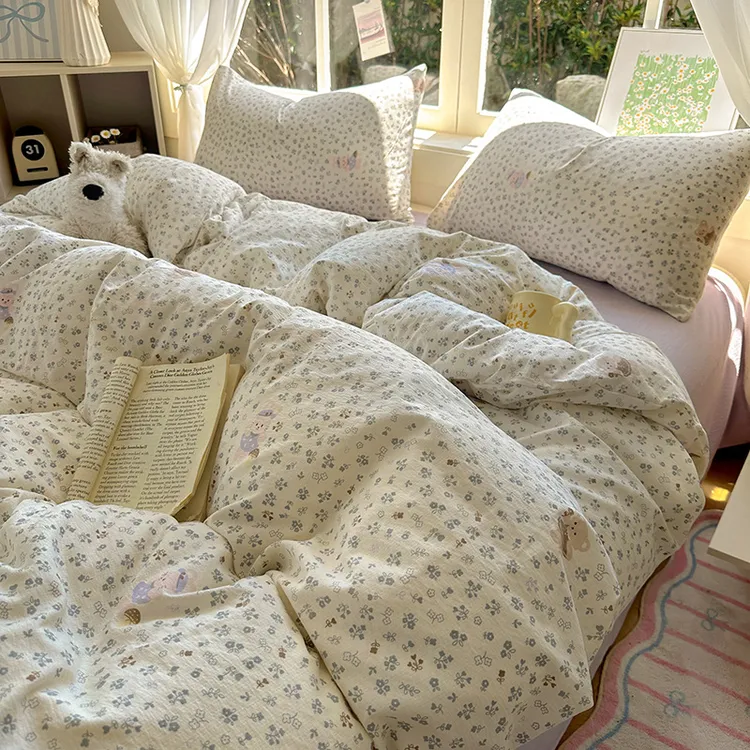 新款A类有氧双层纱纯棉四件套小清新碎花ins风全棉床单宿舍三件套