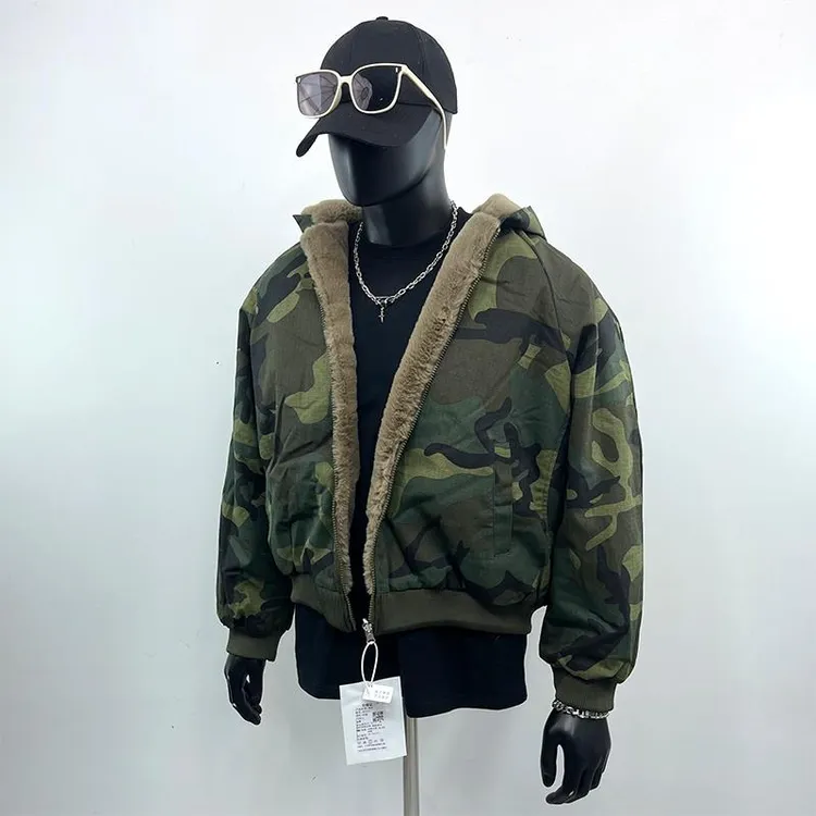  男装冬季座山雕加绒加厚外套男帆布水洗迷彩两面穿棉服夹克潮