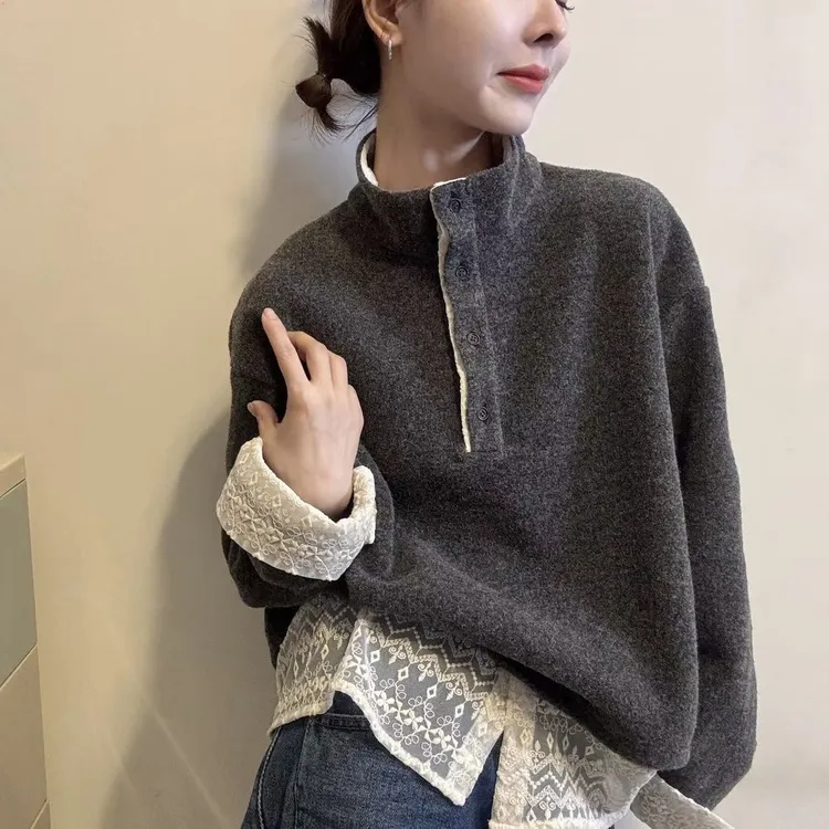 假两件蕾丝拼接上衣女2025今年流行的爆款打底衫半高领德绒卫衣