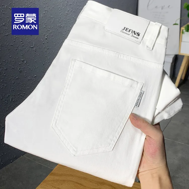 罗蒙春季白色牛仔裤男修身小脚弹力休闲长裤男2023新款潮牌男裤子