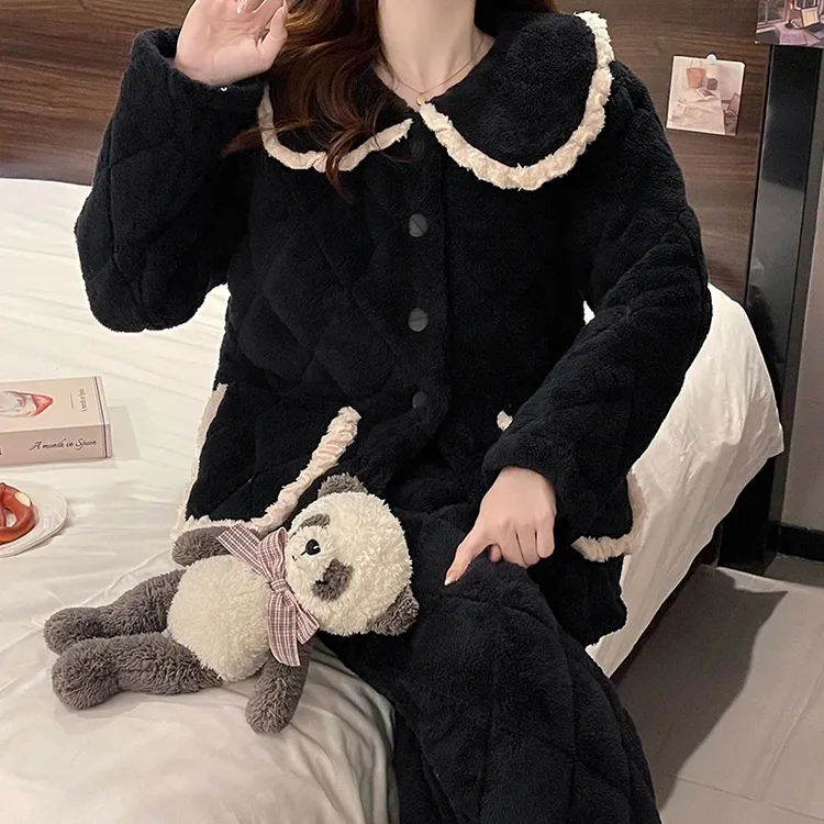 睡衣女冬季珊瑚绒长袖三层夹棉加绒加厚套装宽松秋冬法兰绒家居服