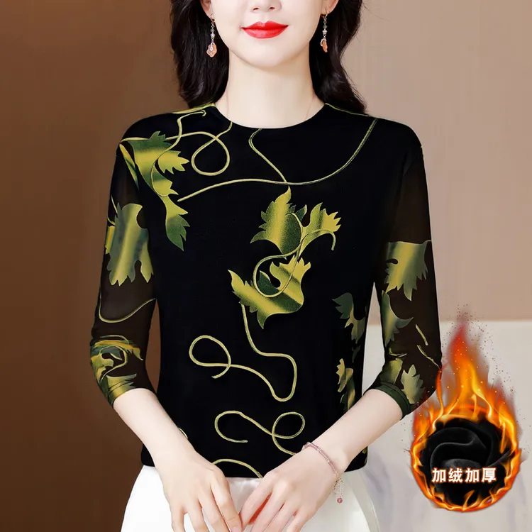 2025秋冬新款印花上衣女长袖大码洋气妈妈t恤小衫打底衫显瘦9212