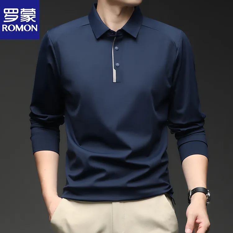 罗蒙春秋季中年男士长袖纯色Polo衫无痕翻领商务成熟T恤衫爸爸装