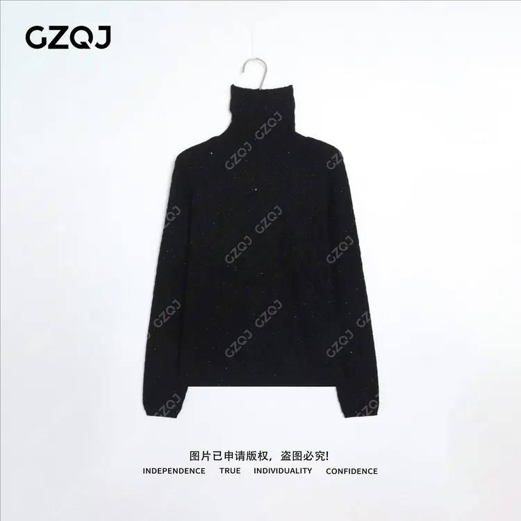 老琴私服【曜夜织纹】骆马绒绵羊毛山羊绒堆堆领绞花亮片毛衣26788