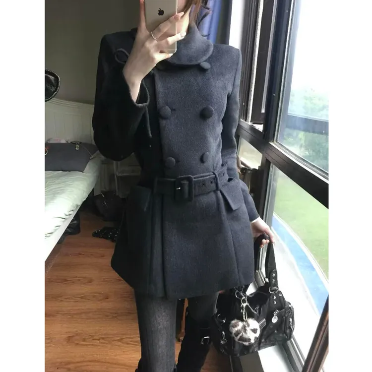 小香风千金感双排扣收腰毛呢大衣2025新款初冬巨好看的中长款外套