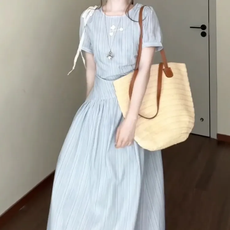 法式蓝色条纹短袖连衣裙夏季新款小个子设计感收腰气质长裙5129