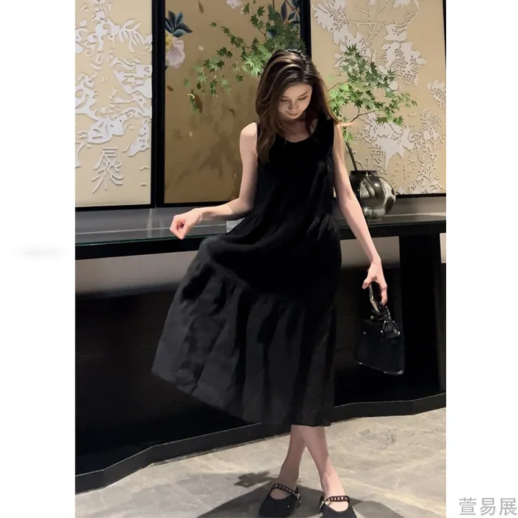 萱易展-“黑珍珠”100真桑蚕丝轻奢设计感拼接连衣裙-022002
