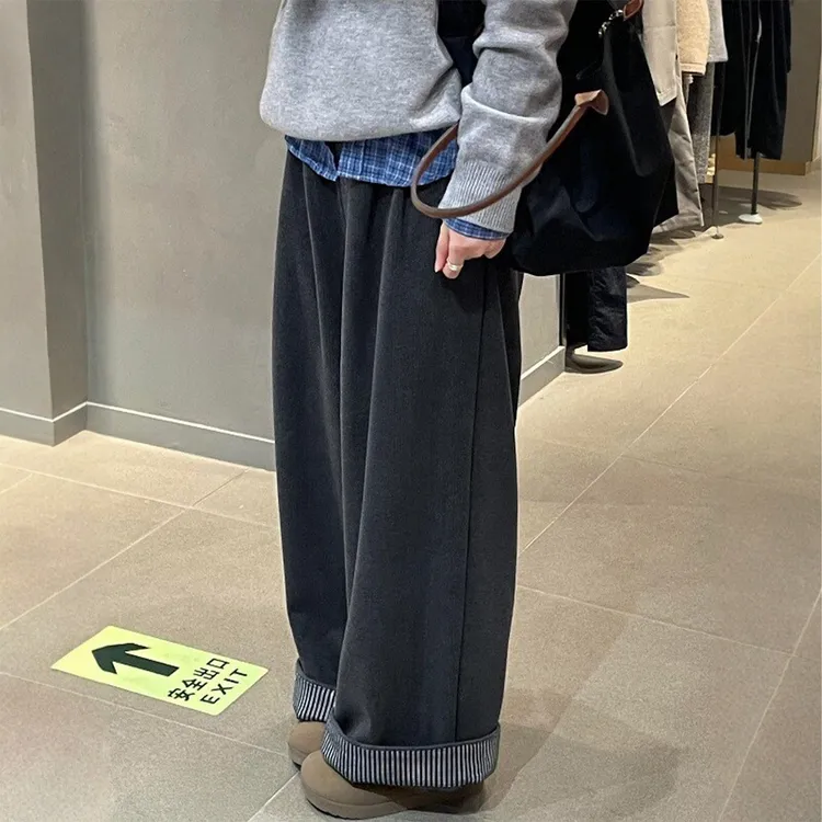 深灰色毛呢阔腿女秋冬加绒胖妹妹mm梨型身材高腰宽松显瘦休闲裤子