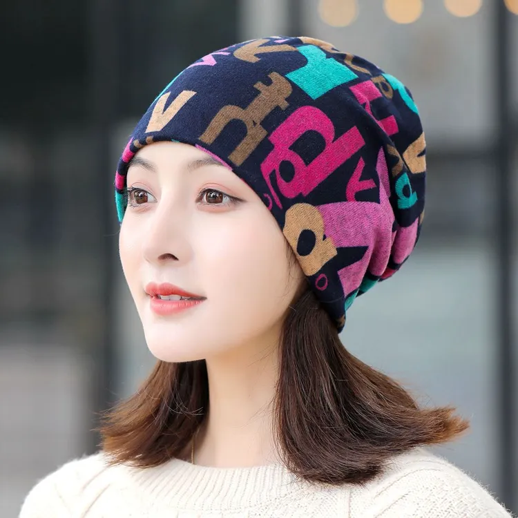 秋冬韩板帽子女多用头巾帽包头帽冬套头帽脖套帽印花堆堆帽护耳帽