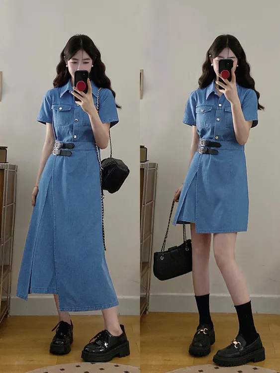 大码女装时尚牛仔旅人港味简约复古风一片式收腰显瘦连衣裙胖MM