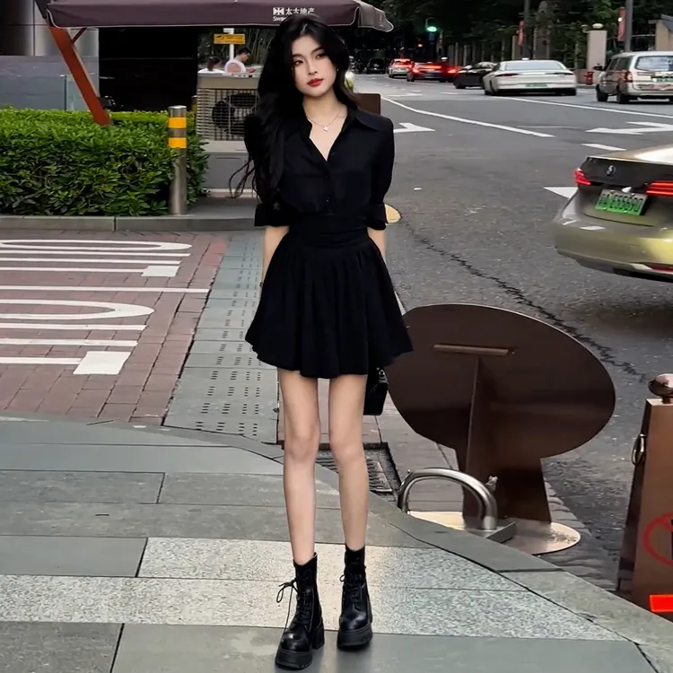 法式黑色长袖衬衫连衣裙子女秋季2025新款高级感收腰显瘦气质短裙