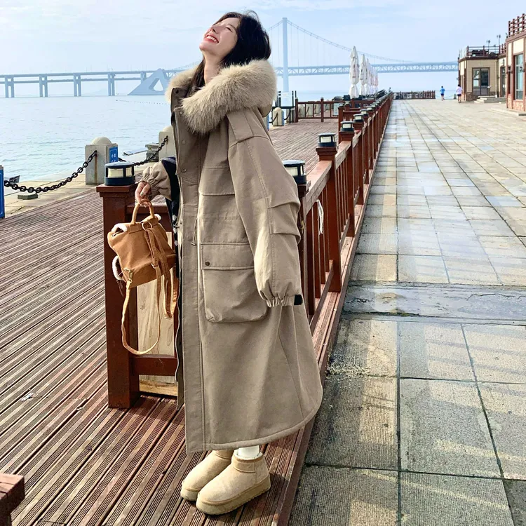 卡其色派克服女款新款2025爆款秋冬宽松大毛领加厚长款外套棉服