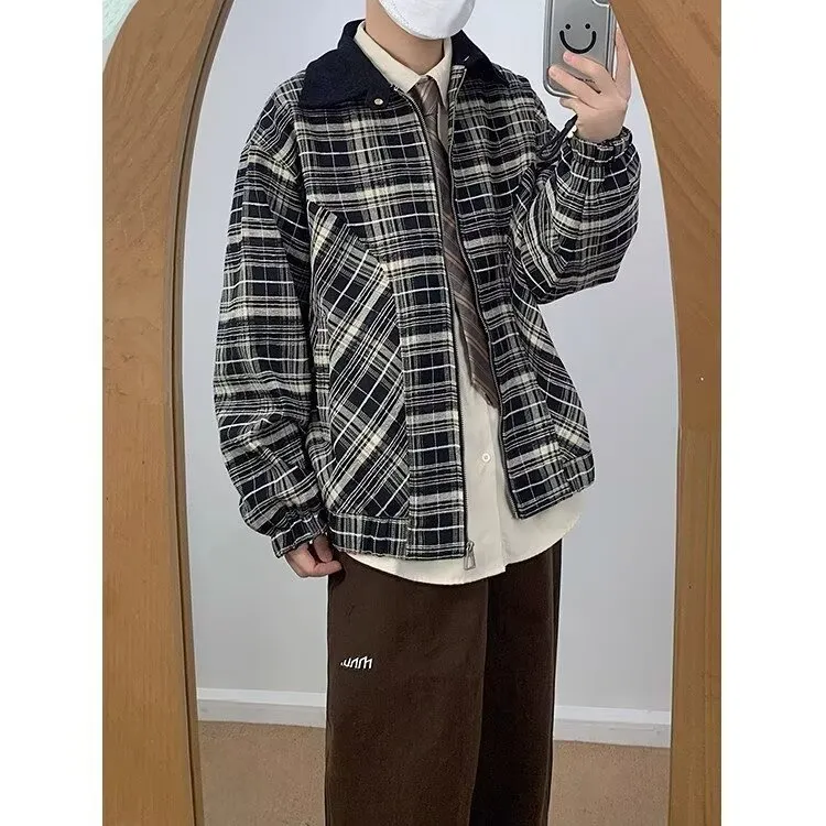 秋冬季黑白格纹翻领夹克男款日系复古风街头休闲百搭拉链外套上衣