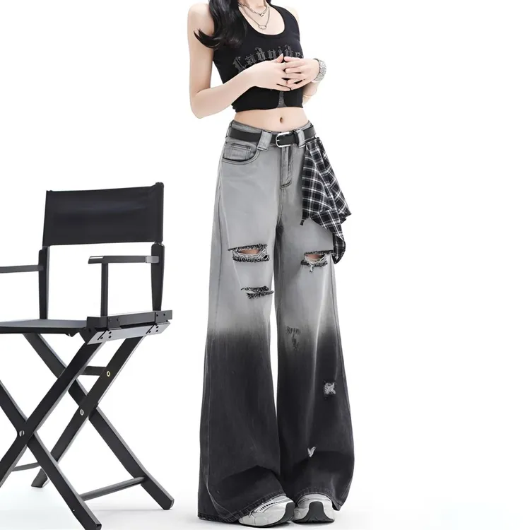 美式复古新款黑色渐变破洞高腰牛仔裤女夏季辣妹宽松直筒裤阔腿裤