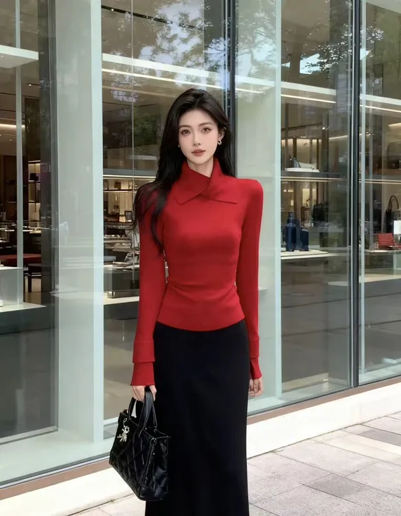 韩系轻熟风气质翻领红色针织衫上衣女秋冬巨好看时尚显瘦内搭毛衣