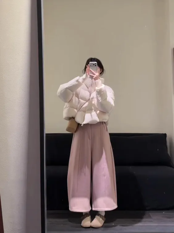2025秋冬新款法式气质韩系保暖小个子棉服搭粉色甜美阔腿裤两件套