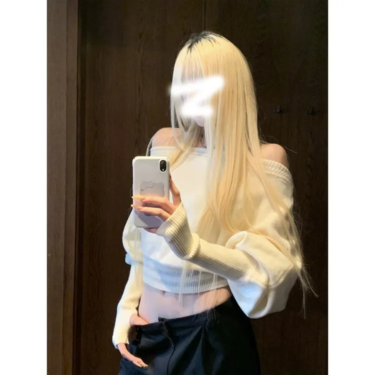 软糯一字肩毛衣宽松慵懒短款套头针织衫辣妹长袖蝙蝠袖上衣H8-75