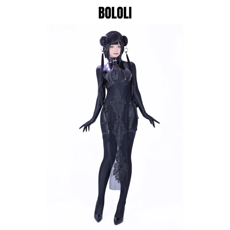 BOLOLI中华娘开叉蕾丝旗袍漆皮马油打底衣套装cosplay摄影会穿搭