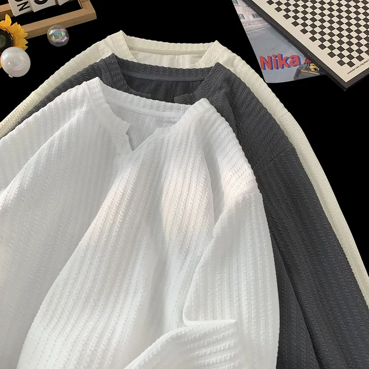 2025春秋美式长袖t恤男士纯色肌理感休闲潮流情侣宽松V领打底衫女