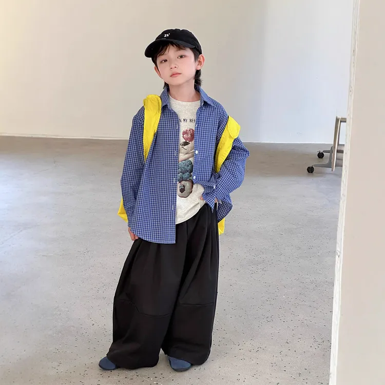 秋季新款韩版宝蓝色格子中大童衬衫男女童百搭翻领单排扣衬衣潮