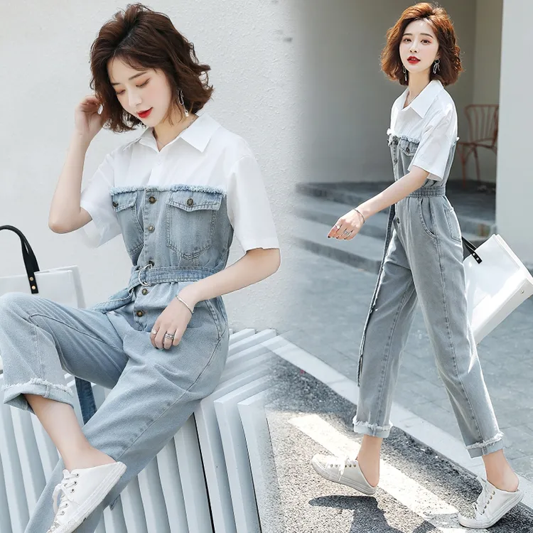 2024夏季夏装新款时尚背带裤高腰衬衫休闲宽松连体裤长裤配腰带