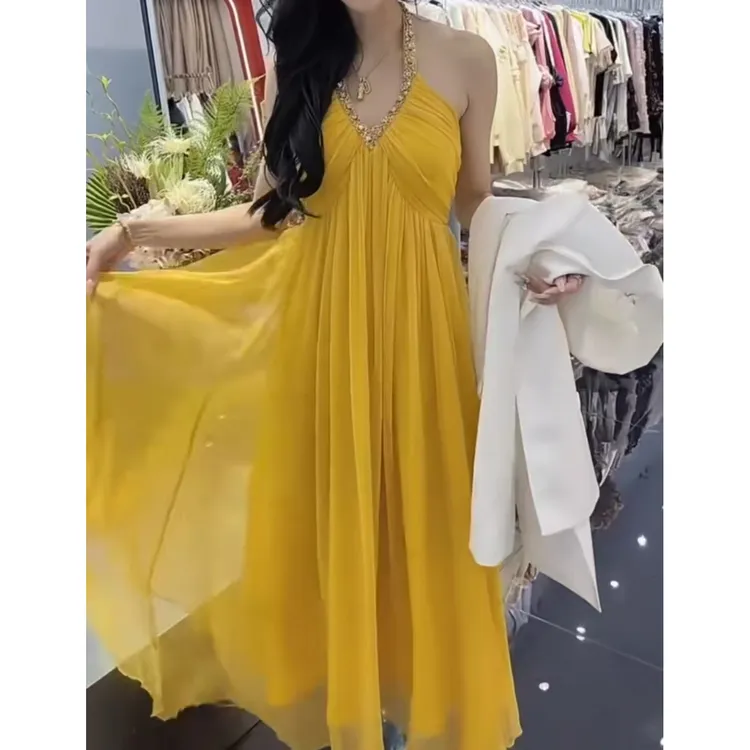 重工性感显瘦气质露背长裙聚酯纤维梭织连衣裙黄色黑色粉色白