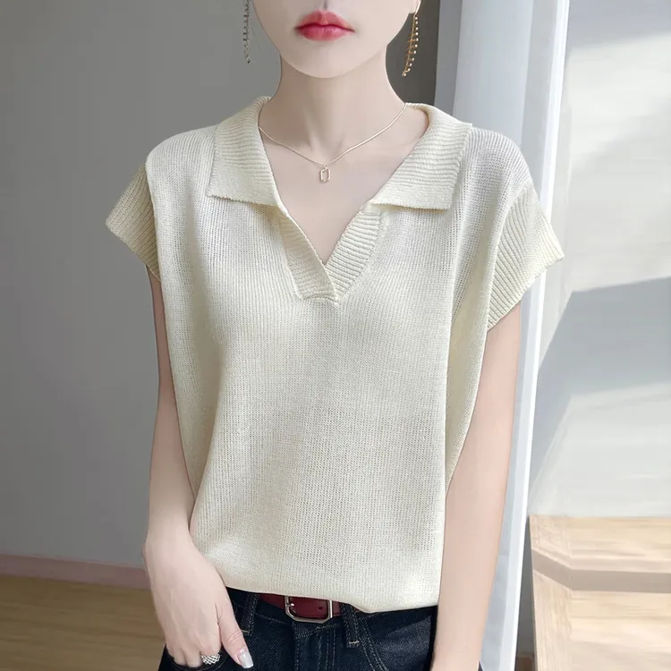 哥弟阿玛施正品新款翻领针织衫T恤女夏季百搭短袖宽松显瘦洋气女