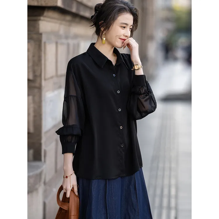 赫本风宽松黑色衬衫女春季新款复古灯笼袖洋气时尚百搭雪纺上衣潮