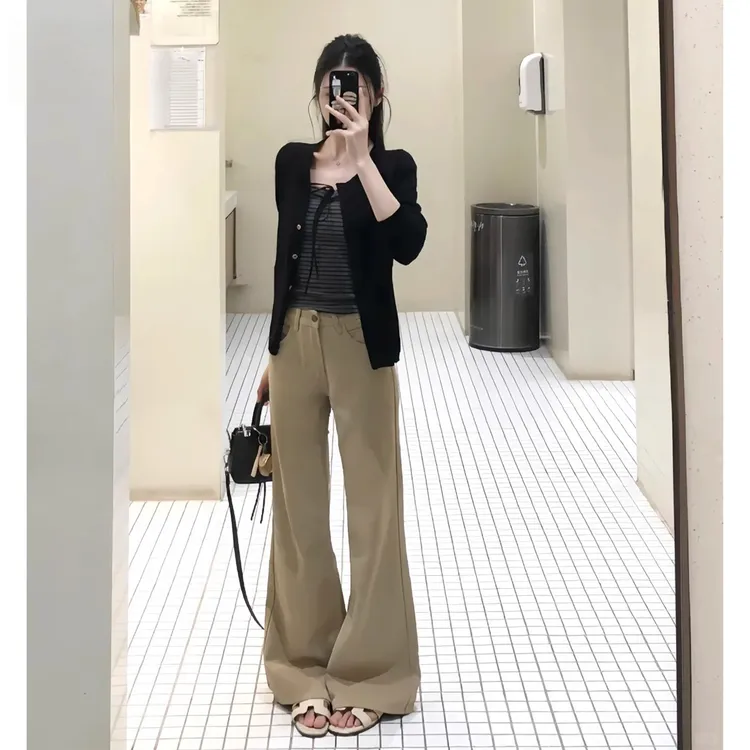 拉夏贝尔加绒不贴腿微喇牛仔裤女冬季厚款显瘦性感低腰卡其色裤子