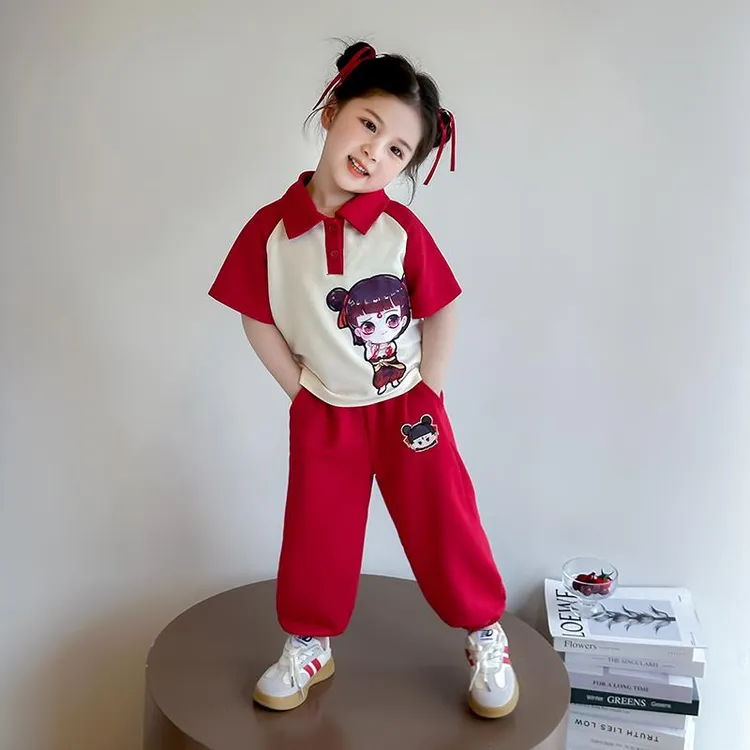 FAVMARTHA女童短袖恤防蚊裤套装儿童夏款洋气领网红亮灯哪吒休闲2