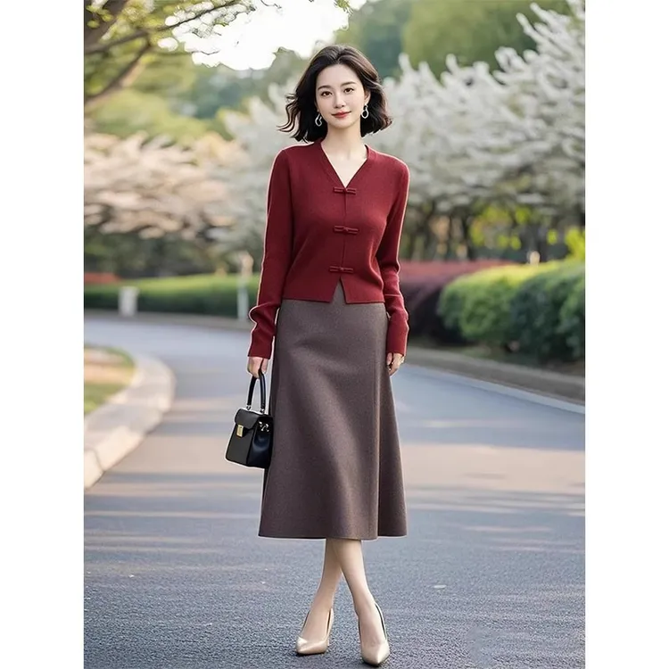 女士早秋穿搭一整套超好看温柔独特新中式国风绝美开衫红色套装裙